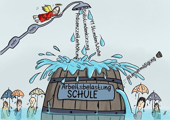 Zu sehen ist ein Holzfass, das überläuft, weil von der Senatorin oben immer mehr hineingeschüttet wird. Das Fass ist mit Arbeitsbelastung Schule beschriftet. Rechts und links neben dem Fass stehen Beschäftigte im Regen.