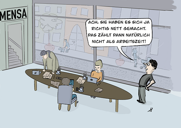 Drei Lehrkräfte sitzen mit Laptop und Kaffeetasse um einen Konferenztisch. Daneben steht der Chef und sagt: Ach, Sie haben es sich ja richtig nett gemacht. Das zählt dann natürlich nicht als Arbeitszeit!