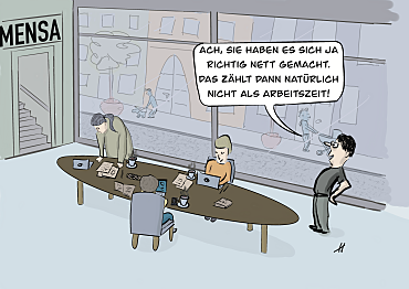 Drei Lehrkräfte sitzen mit Laptop und Kaffeetasse um einen Konferenztisch. Daneben steht der Chef und sagt: Ach, Sie haben es sich ja richtig nett gemacht. Das zählt dann natürlich nicht als Arbeitszeit!