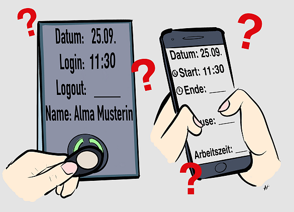Gezeichnetes Mobiltelefon auf dem mit zwei Daumen die Arbeitszeit eingetragen wird
