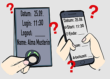 Gezeichnetes Mobiltelefon auf dem mit zwei Daumen die Arbeitszeit eingetragen wird