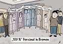 Zu sehen sind Beschäftigte, die in einem Halbkreis stehen. Die in der Mitte sind aber nur Abbildungen auf lebensgroßen Stellwänden. Darüber sind folgende Überschriften: Elternzeit - kein Ersatz, Erkrankt - kein Ersatz, Abgeordnet - kein Ersatz 