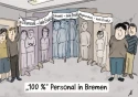 Zu sehen sind Beschäftigte, die in einem Halbkreis stehen. Die in der Mitte sind aber nur Abbildungen auf lebensgroßen Stellwänden. Darüber sind folgende Überschriften: Elternzeit - kein Ersatz, Erkrankt - kein Ersatz, Abgeordnet - kein Ersatz 
